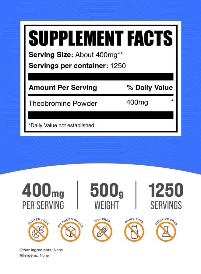 BulkSupplements مسحوق الثيوبرومين - مكمل الثيوبرومين، مكمل نوتروبيك - دعم الطاقة، خالي من الغلوتين، 1250 حصة، 500 جرام (1.1 رطل) (عبوة من 1) - Image 2
